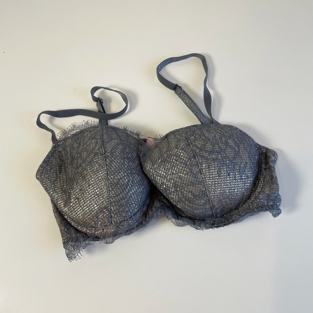 Victoria's Secret Womens Dream Angels Lace Lined Demi Double Bra Gray 34C Straps